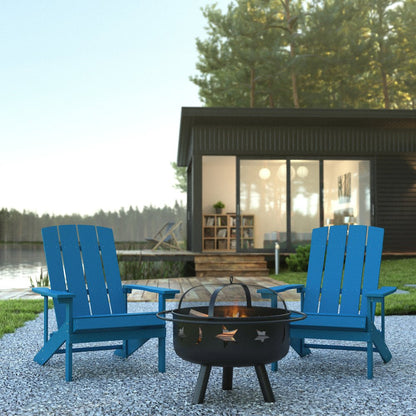 3 Piece Blue Poly Resin Wood Adirondack Chair Set with Fire Pit