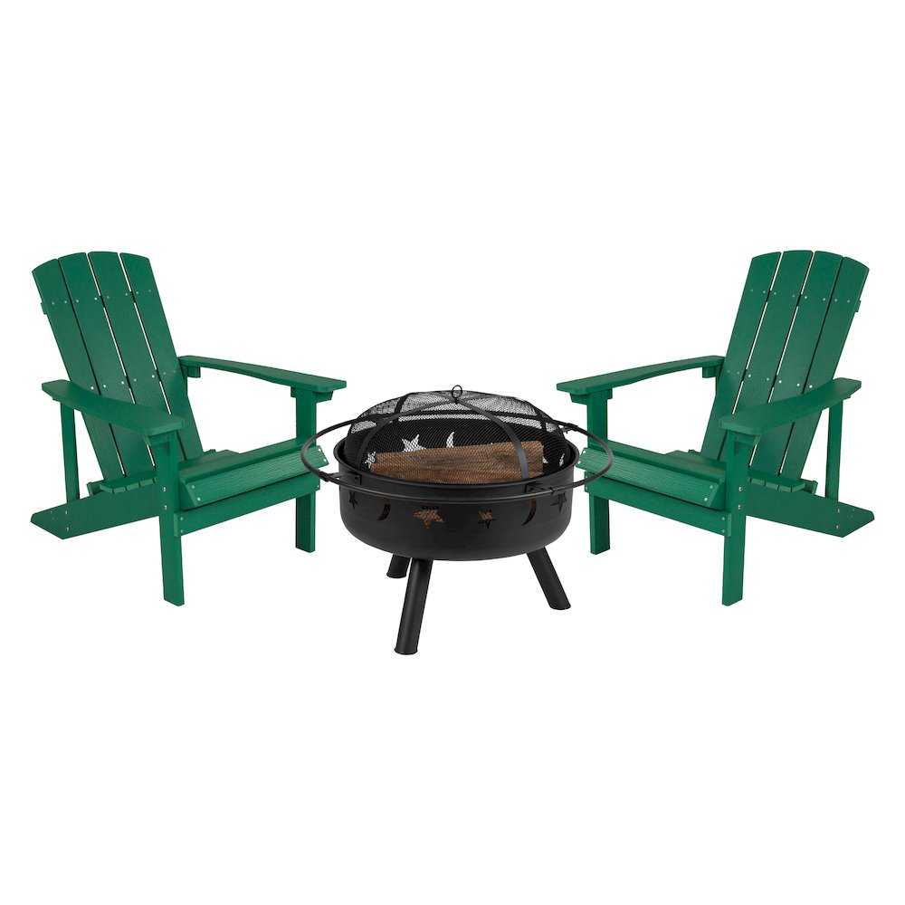 3 Piece Green Poly Resin Wood Adirondack Chair Set with Fire Pit