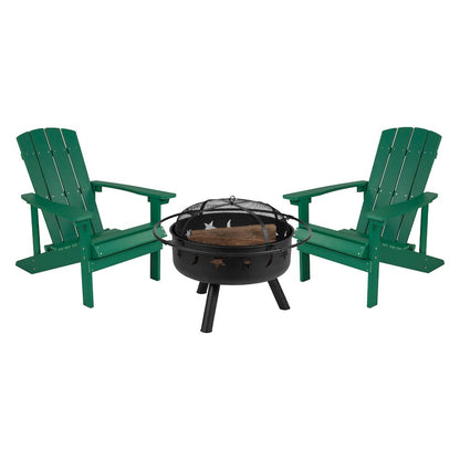 3 Piece Green Poly Resin Wood Adirondack Chair Set with Fire Pit