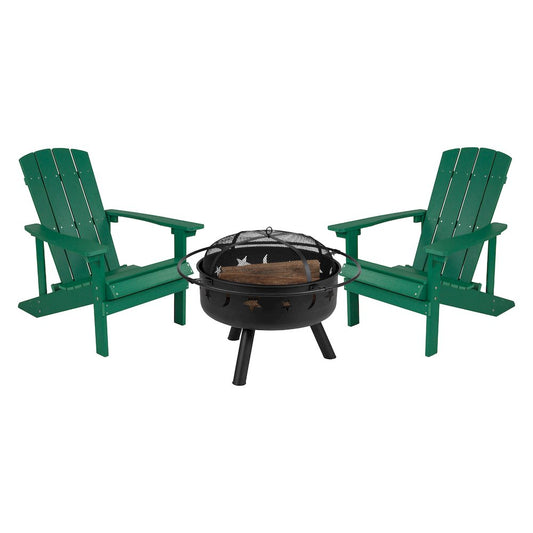 3 Piece Green Poly Resin Wood Adirondack Chair Set with Fire Pit