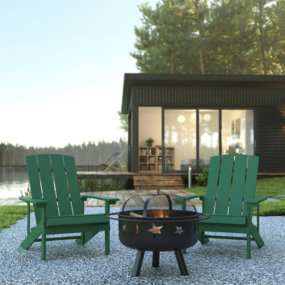 3 Piece Green Poly Resin Wood Adirondack Chair Set with Fire Pit