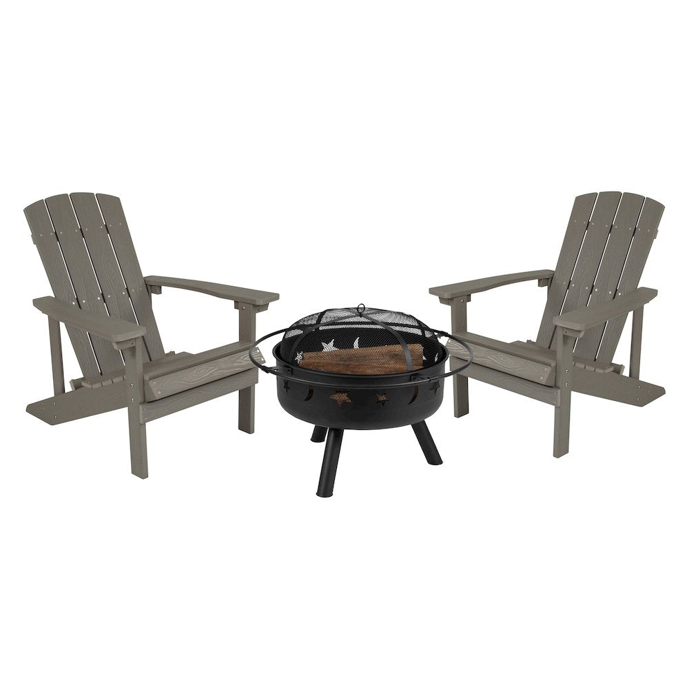 3 Piece Gray Poly Resin Wood Adirondack Chair Set with Fire Pit