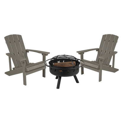 3 Piece Gray Poly Resin Wood Adirondack Chair Set with Fire Pit