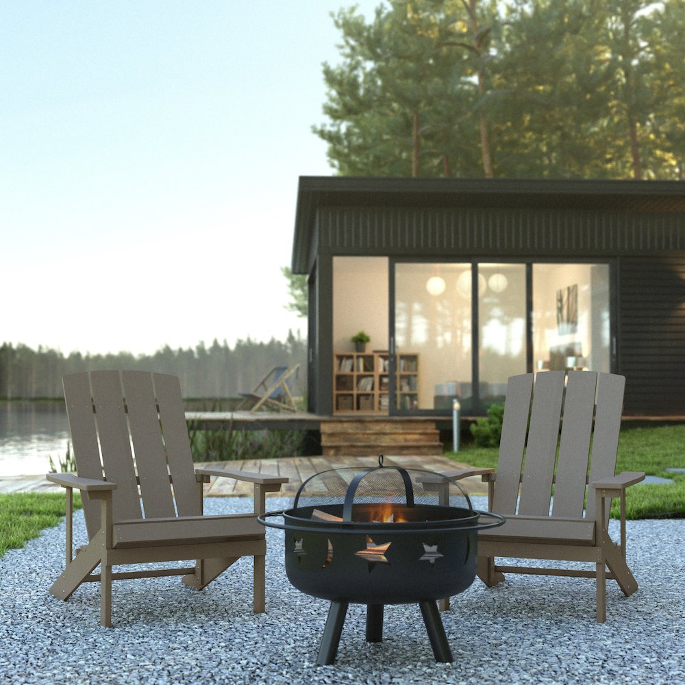 3 Piece Gray Poly Resin Wood Adirondack Chair Set with Fire Pit