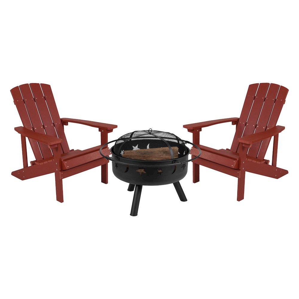 3 Piece Red Poly Resin Wood Adirondack Chair Set with Fire Pit