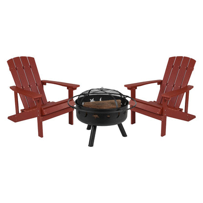 3 Piece Red Poly Resin Wood Adirondack Chair Set with Fire Pit