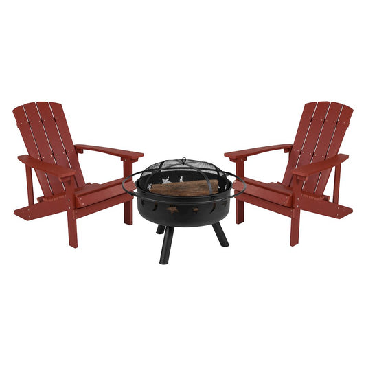 3 Piece Red Poly Resin Wood Adirondack Chair Set with Fire Pit