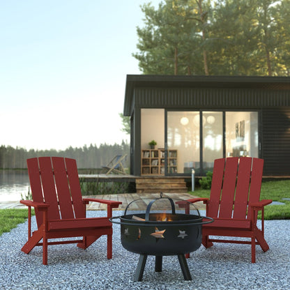 3 Piece Red Poly Resin Wood Adirondack Chair Set with Fire Pit