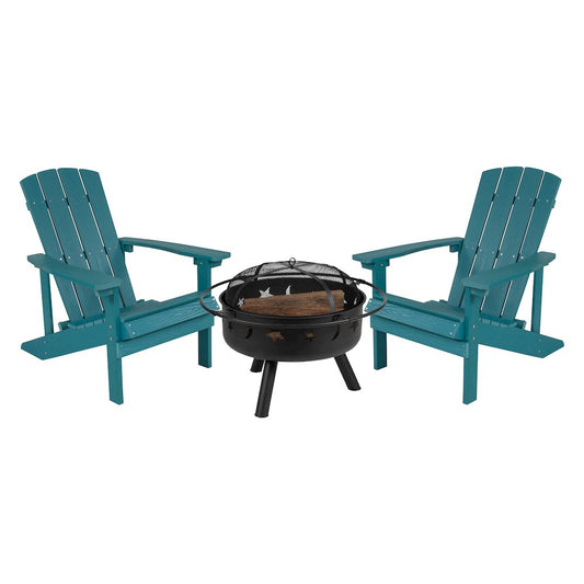 3 Piece Sea Foam Poly Resin Wood Adirondack Chair Set with Fire Pit