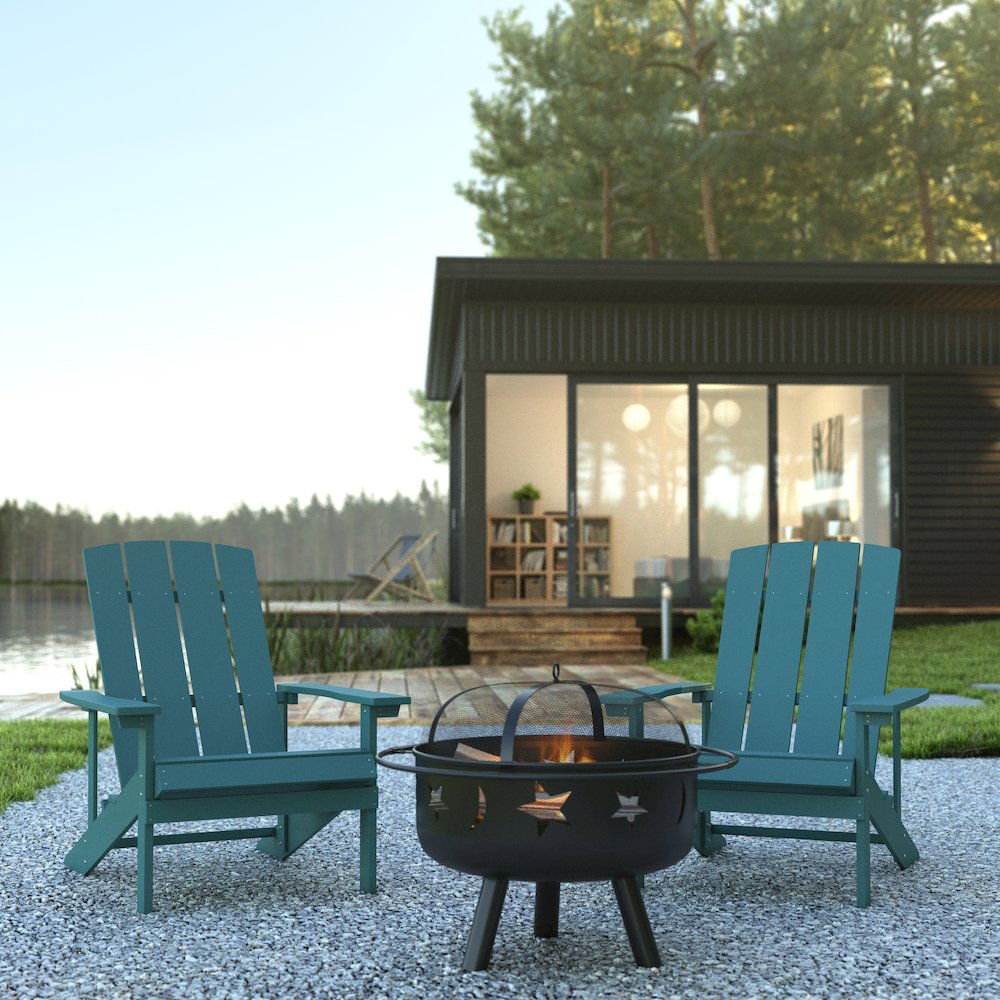 3 Piece Sea Foam Poly Resin Wood Adirondack Chair Set with Fire Pit