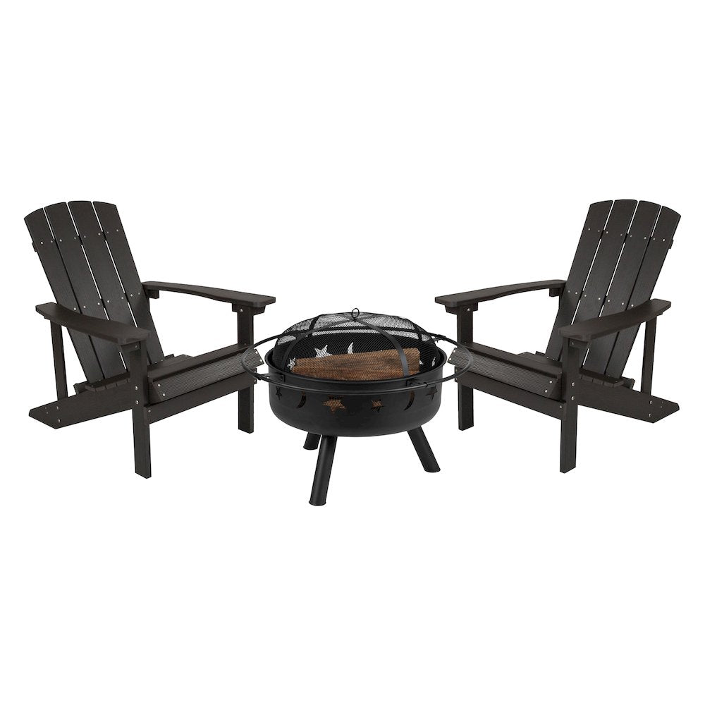 3 Piece Slate Gray Poly Resin Wood Adirondack Chair Set with Fire Pit