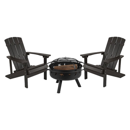 3 Piece Slate Gray Poly Resin Wood Adirondack Chair Set with Fire Pit