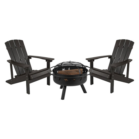 3 Piece Slate Gray Poly Resin Wood Adirondack Chair Set with Fire Pit