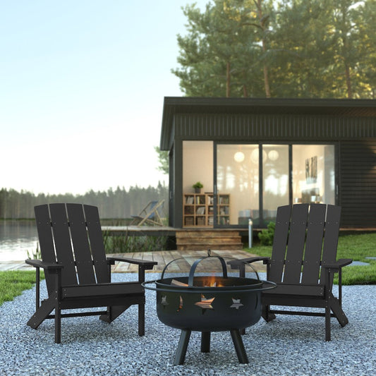 3 Piece Slate Gray Poly Resin Wood Adirondack Chair Set with Fire Pit