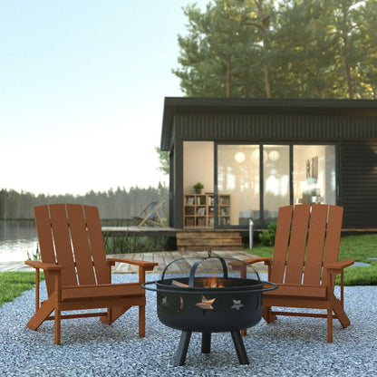3 Piece Teak Poly Resin Wood Adirondack Chair Set with Fire Pit