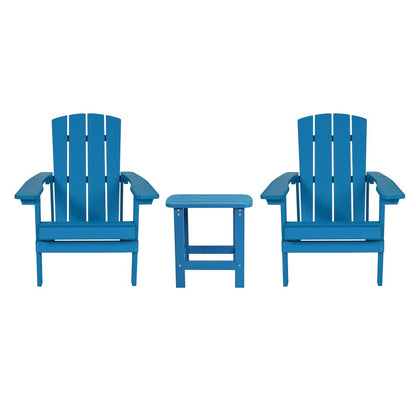 2 Pack All-Weather Poly Resin Wood Adirondack Chairs with Side Table in Blue