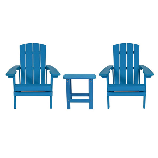 2 Pack All-Weather Poly Resin Wood Adirondack Chairs with Side Table in Blue