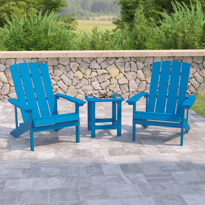 2 Pack All-Weather Poly Resin Wood Adirondack Chairs with Side Table in Blue