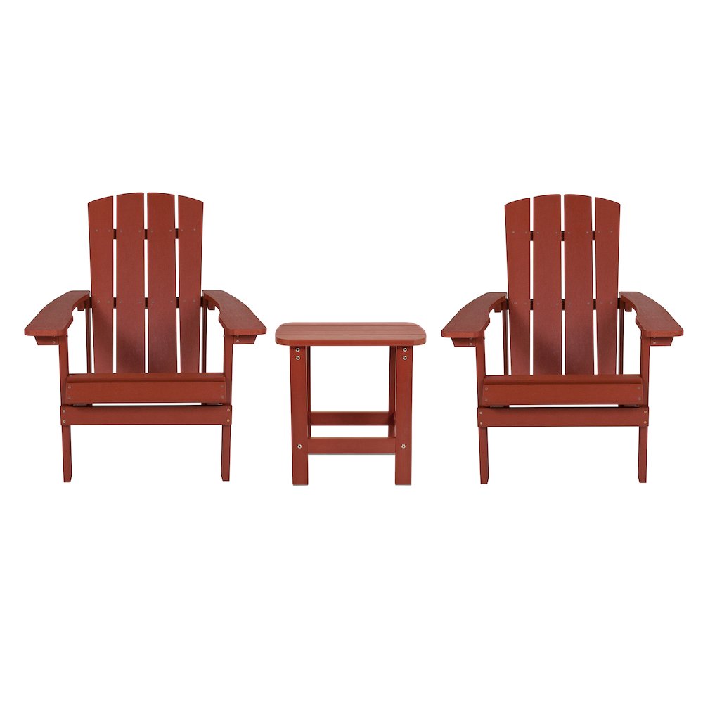 2 Pack All-Weather Poly Resin Wood Adirondack Chairs with Side Table in Red
