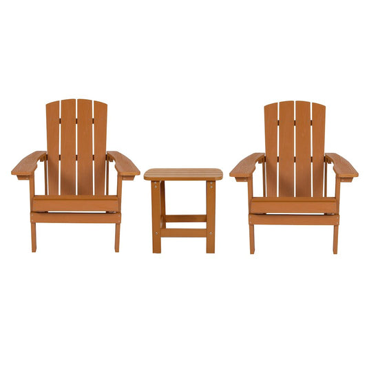 2 Pack All-Weather Poly Resin Wood Adirondack Chairs with Side Table in Teak