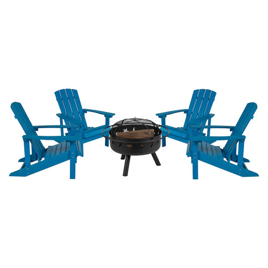 5 Piece Blue Poly Resin Wood Adirondack Chair Set with Fire Pit