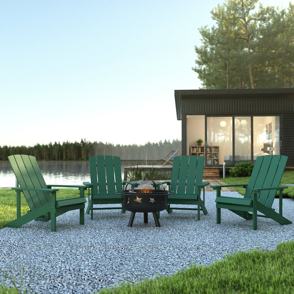 5 Piece Green Poly Resin Wood Adirondack Chair Set with Fire Pit