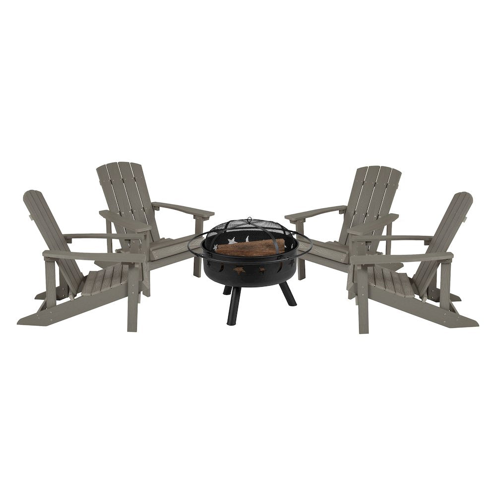 5 Piece Gray Poly Resin Wood Adirondack Chair Set with Fire Pit