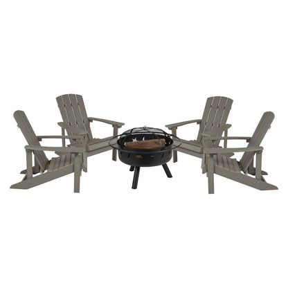 5 Piece Gray Poly Resin Wood Adirondack Chair Set with Fire Pit