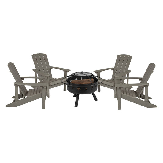 5 Piece Gray Poly Resin Wood Adirondack Chair Set with Fire Pit