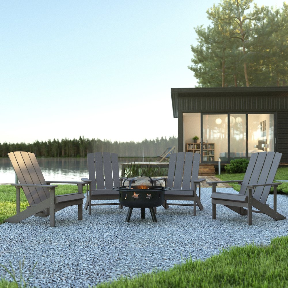 5 Piece Gray Poly Resin Wood Adirondack Chair Set with Fire Pit