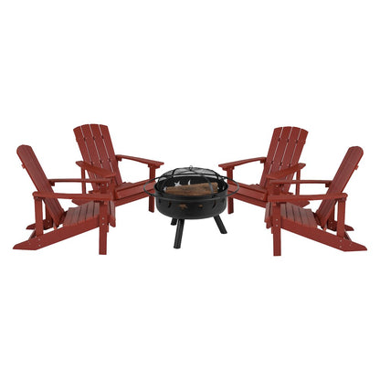 5 Piece Red Poly Resin Wood Adirondack Chair Set with Fire Pit