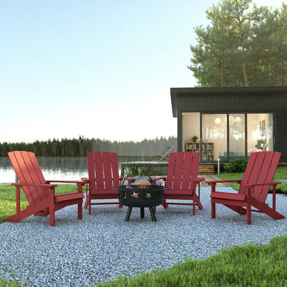 5 Piece Red Poly Resin Wood Adirondack Chair Set with Fire Pit