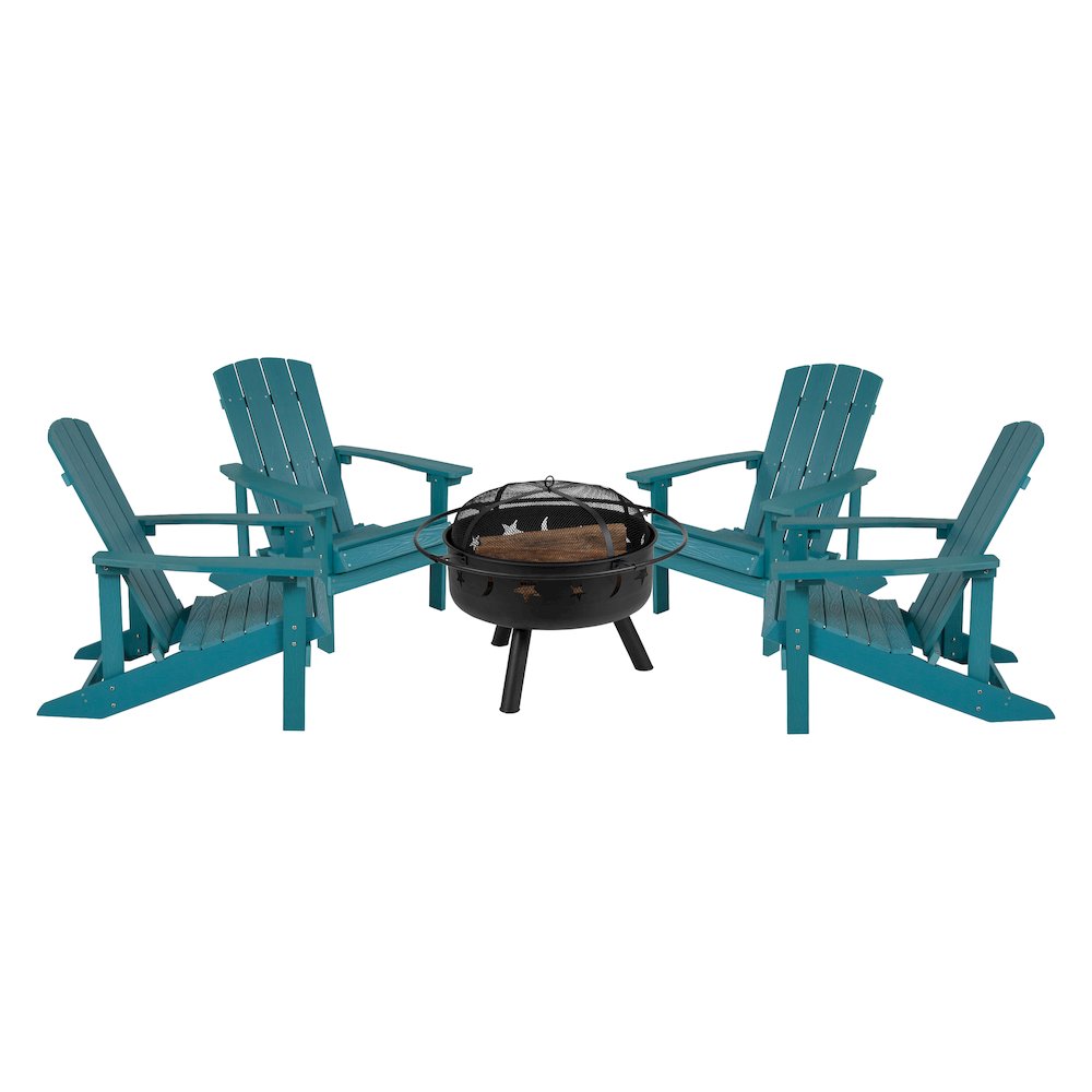 5 Piece Sea Foam Poly Resin Wood Adirondack Chair Set with Fire Pit