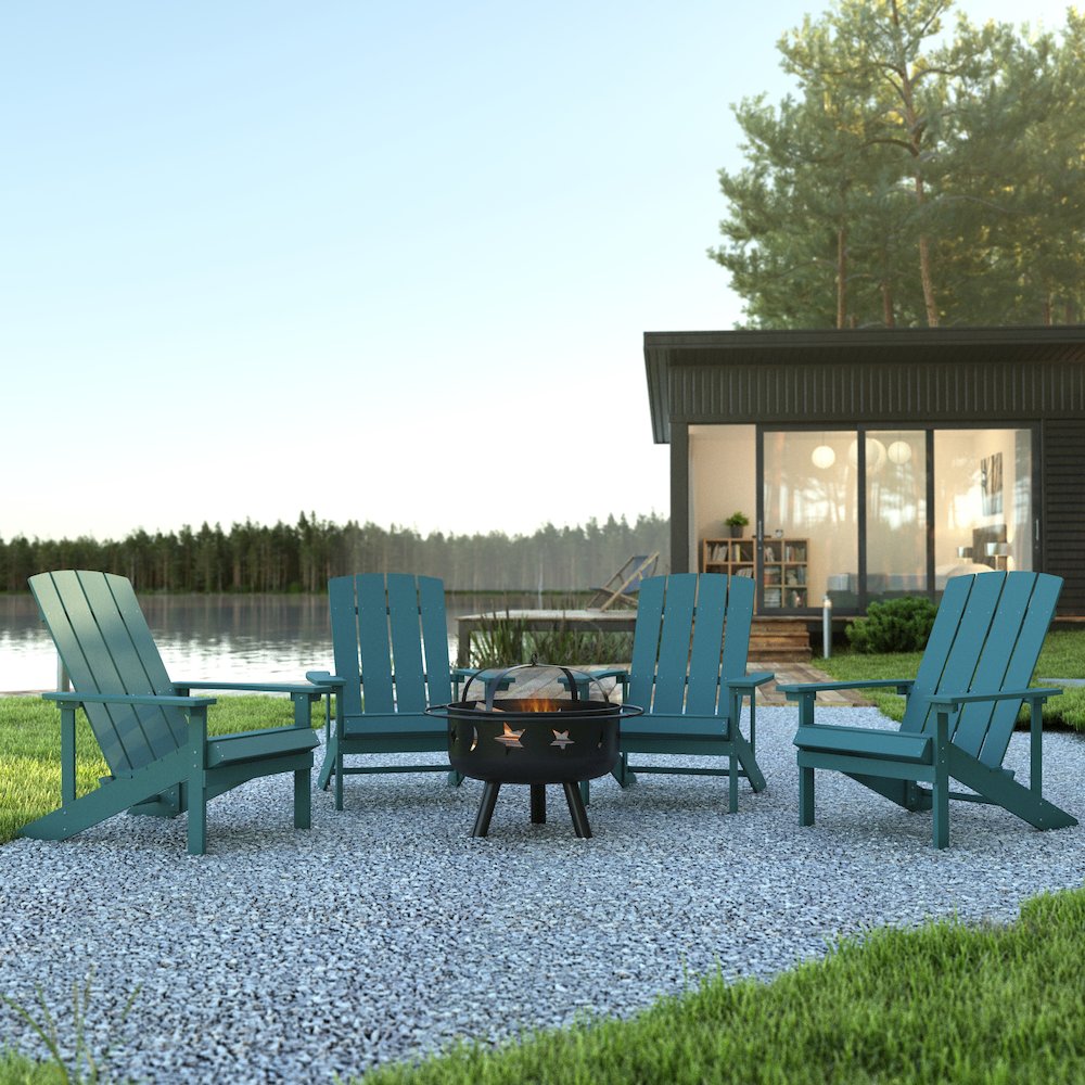 5 Piece Sea Foam Poly Resin Wood Adirondack Chair Set with Fire Pit