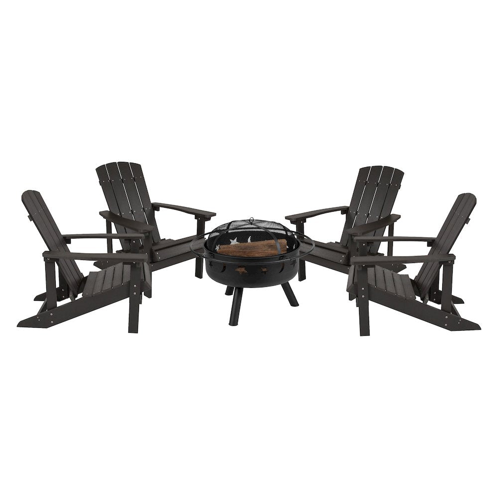 5 Piece Slate Gray Poly Resin Wood Adirondack Chair Set with Fire Pit