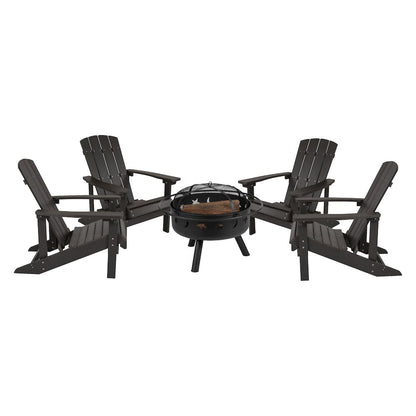 5 Piece Slate Gray Poly Resin Wood Adirondack Chair Set with Fire Pit
