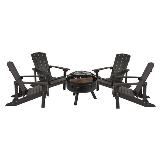 5 Piece Slate Gray Poly Resin Wood Adirondack Chair Set with Fire Pit