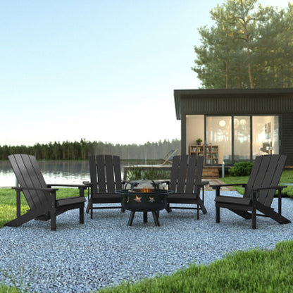 5 Piece Slate Gray Poly Resin Wood Adirondack Chair Set with Fire Pit