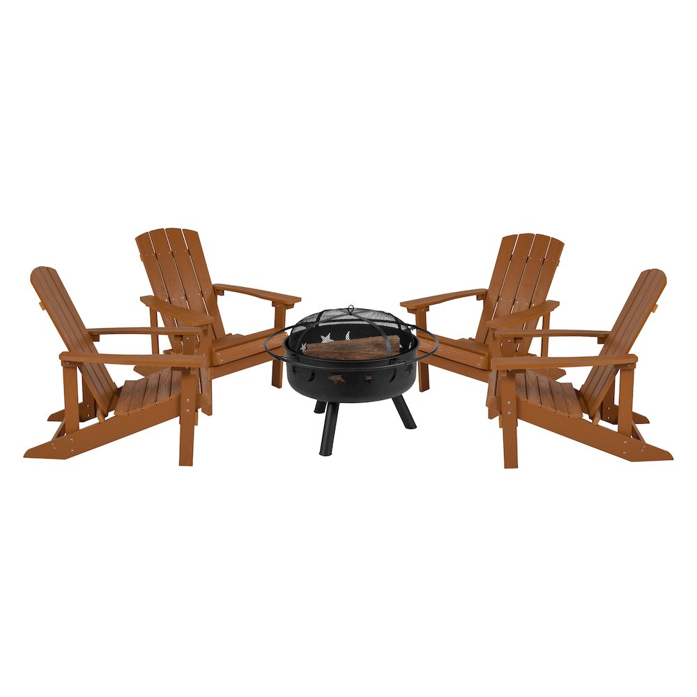 5 Piece Teak Poly Resin Wood Adirondack Chair Set with Fire Pit
