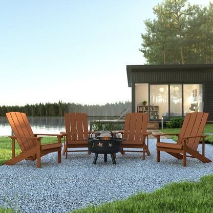 5 Piece Teak Poly Resin Wood Adirondack Chair Set with Fire Pit