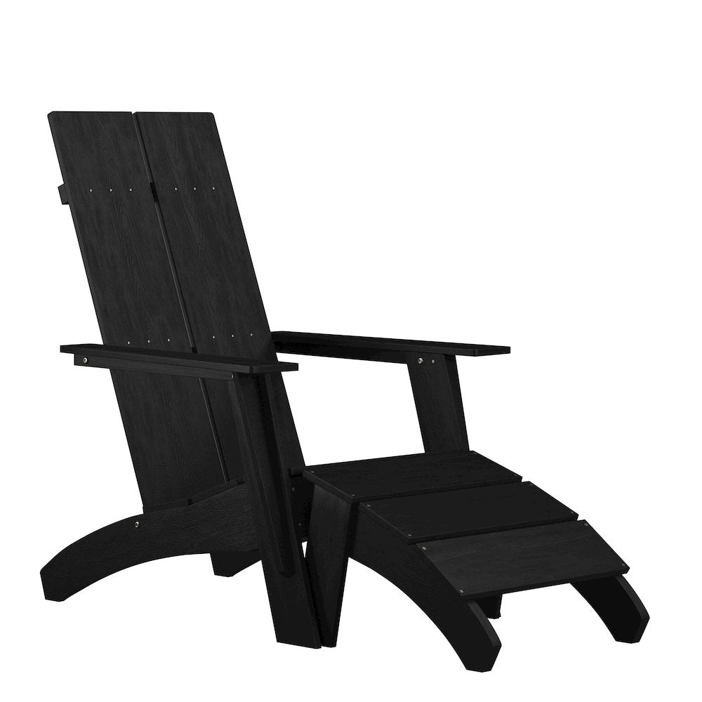 Modern All-Weather Poly Resin Wood Adirondack Chair with Foot Rest in Black