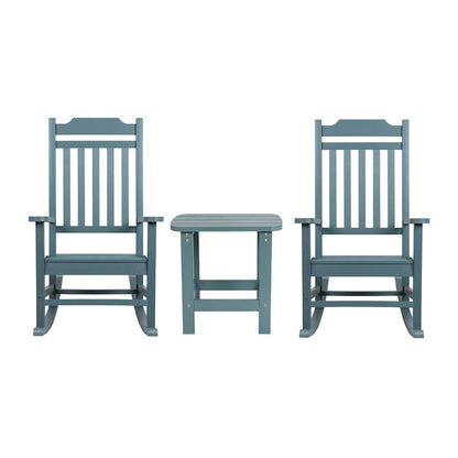 Set of 2 All-Weather Poly Resin Rocking Chairs with Accent Side Table in Teal