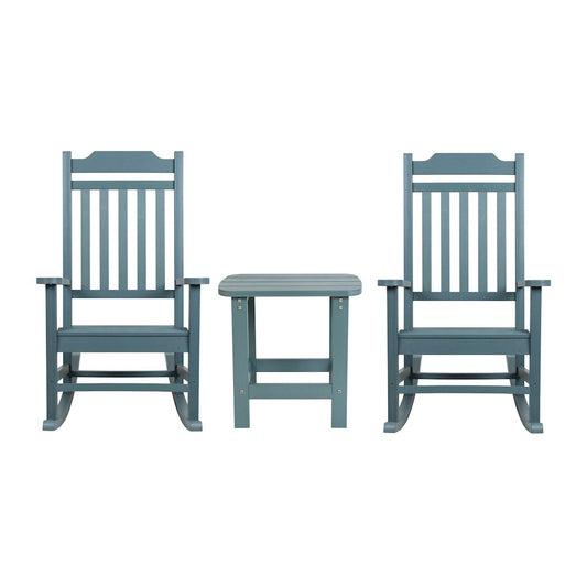 Set of 2 All-Weather Poly Resin Rocking Chairs with Accent Side Table in Teal