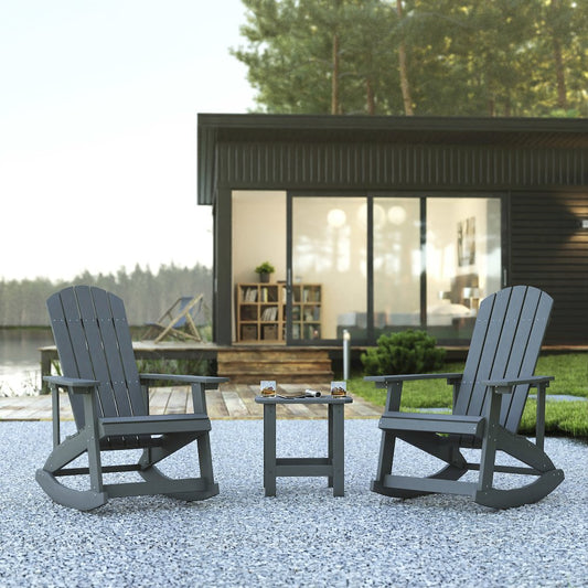 Set of 2 Adirondack Rocking Chairs with Side Table in Gray