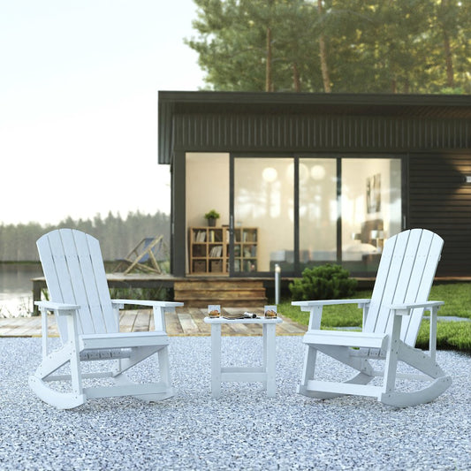 Set of 2 Adirondack Rocking Chairs with Side Table in White