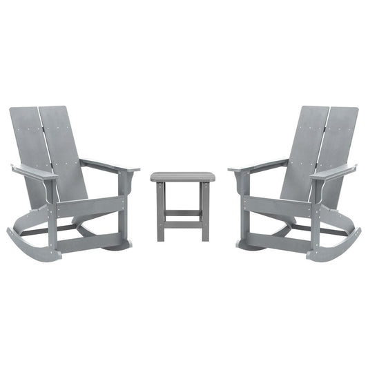 Set of 2 Gray 2-Slat Rocking Adirondack Chairs with Matching Side Table