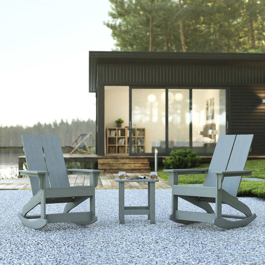 Set of 2 Gray 2-Slat Rocking Adirondack Chairs with Matching Side Table