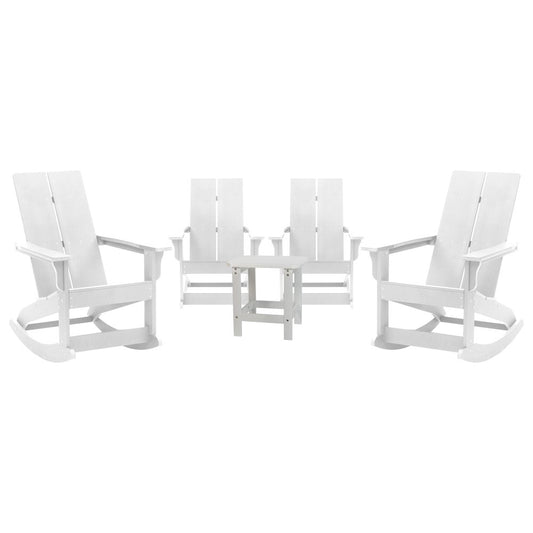 Set of 4 White 2-Slat Rocking Adirondack Chairs with Matching Side Table
