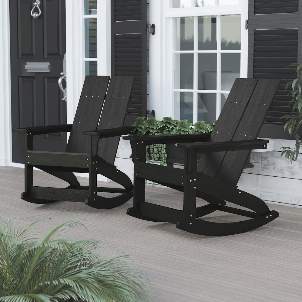All-Weather 2-Slat Poly Resin Rocking Adirondack Chair in Black - Set of2