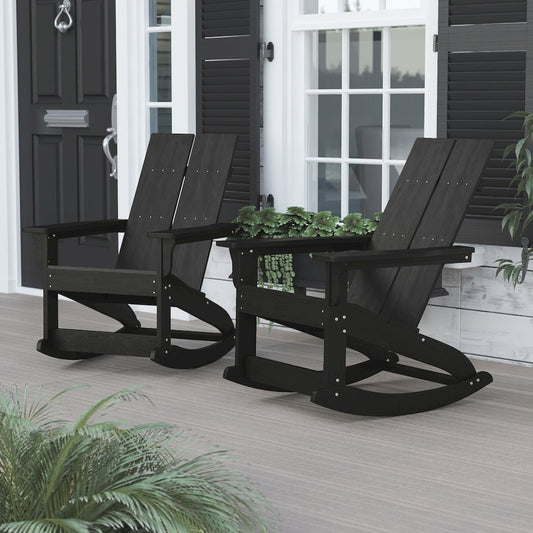 All-Weather 2-Slat Poly Resin Rocking Adirondack Chair in Black - Set of2